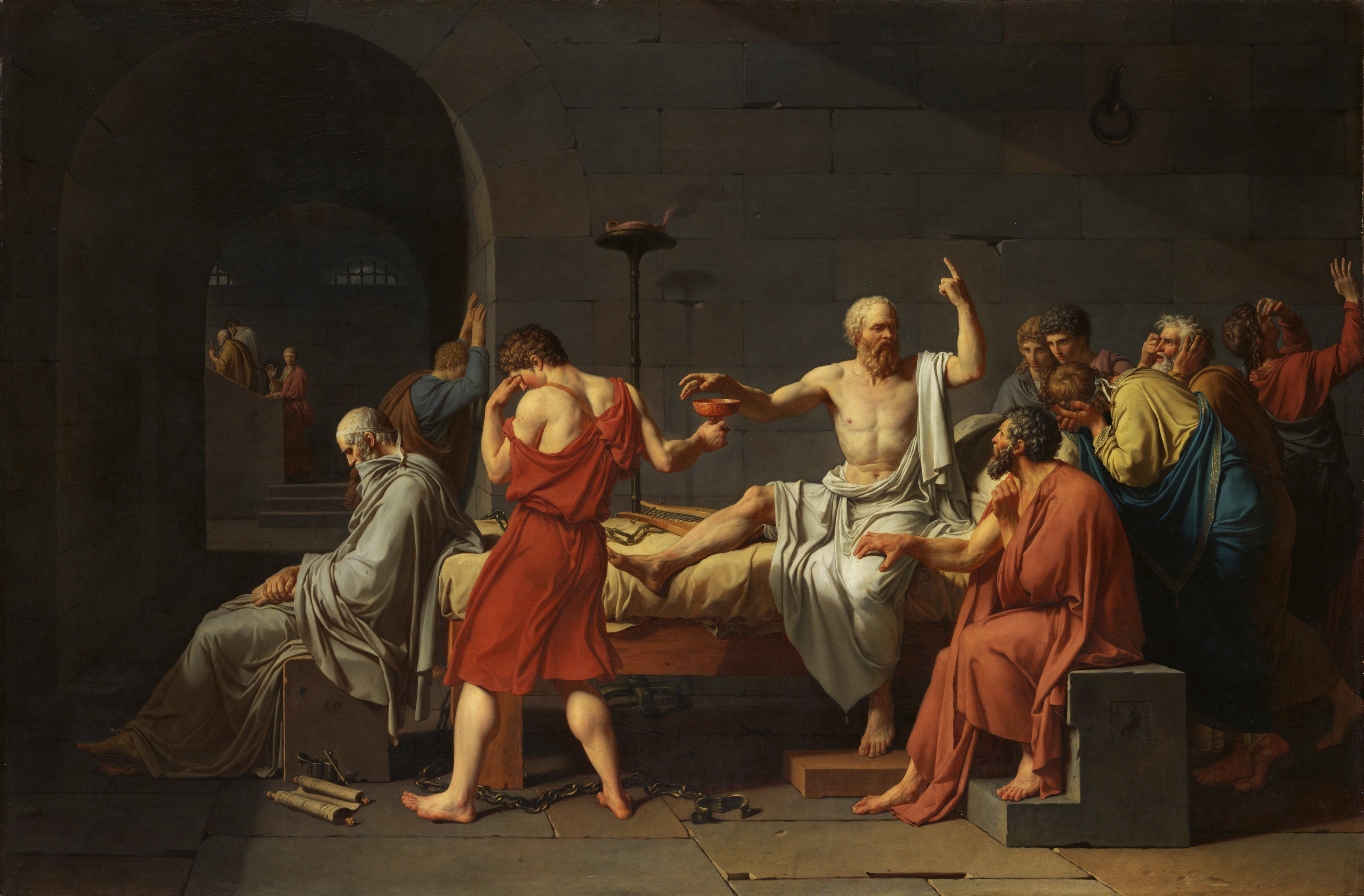 上图：法国大革命画家雅克-路易·大卫（Jacques-Louis David）1787年的油画作品《苏格拉底之死 The Death of Socrates》。主前399年，古希腊哲学家苏格拉底（Socrates，主前470-399年）被控不敬神和腐蚀雅典青年，庭审的辩论、举证、投票过程严格按照雅典的民主、法制程序，结果他被民主选拔出来的500人陪审团按着他们自己认为的「公义」投票，被判饮毒堇汁而死。离开绝对真理的「少数服从多数 Majority rule」并不是「公义」，只不过将多数人的利益置于少数人之上的「多数人暴政」（Tyranny of the majority）。然而画家所看中的却是苏格拉底为信仰而死的坚毅精神，所以积极投身法国大革命，为了他自己认为对的信仰，投票把一个又一个拦阻实现这信仰的人推上了断头台。