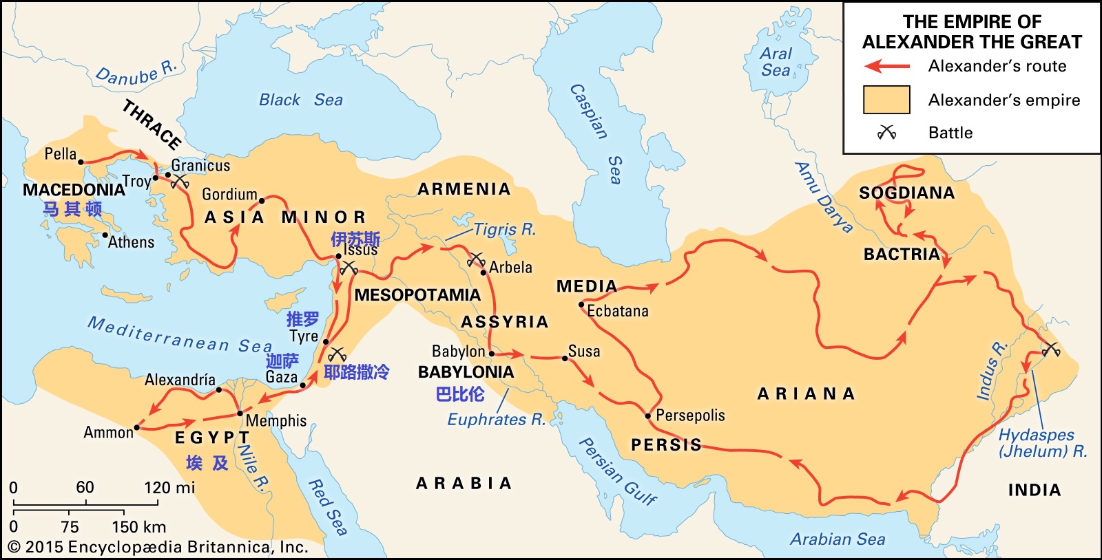 上图:亚历山大大帝征服的路线。主前334年,希腊马其顿帝国的亚历山大大帝(Alexander the Great,主前336-323年在位)进军亚洲,主前333年11月在伊苏斯战役(Battle of Issus)击败了波斯,然后转而南下清除波斯海军的后方。主前332年1-7月攻陷推罗(Tyre),9-10月攻陷埃及的门户迦萨(Siege of Gaza),然后进入埃及。埃及人则把亚历山大视为解放者而热烈欢迎,并视他为埃及法老。亚历山大决定在埃及海岸进尼罗河口处兴建一座城市,以自己的名字名为亚历山大。主前331年,亚历山大率军离开埃及,进军东方的美索不达米亚。撒迦利亚书九1-7所列出的地名,正是亚历山大从伊苏斯前往埃及的行军路线。而根据犹太史学家约瑟夫的记载,亚历山大攻破迦萨后,前往耶路撒冷向神献祭,对犹太人相当优待,应验了亚九8的预言。
