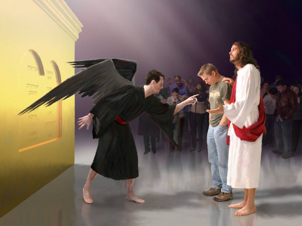 上图:「愿祢派一个恶人辖制他,派一个对头站在他右边」(诗篇109:6)!在以色列的法庭上,控告者站在被告的右边,每个人在神面前都会昼夜面临撒但的控告(启示录12:10),「因为世人都犯了罪,亏缺了神的荣耀」(罗马书3:23)。但信徒既有主耶稣作中保,就不必再惧怕,「谁能控告神所拣选的人呢?有神称他们为义了」(罗马书8:33)。