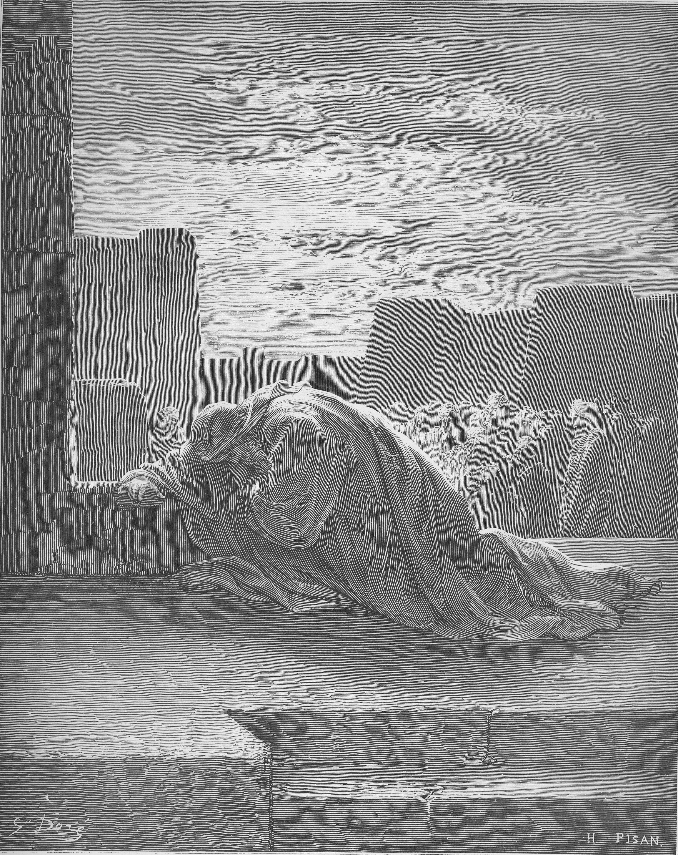 上图：以斯拉祷告，认罪，哭泣，俯伏在神殿前（拉十1）。法国版画家古斯塔夫·多雷（Gustave Doré）1832年的版画作品。