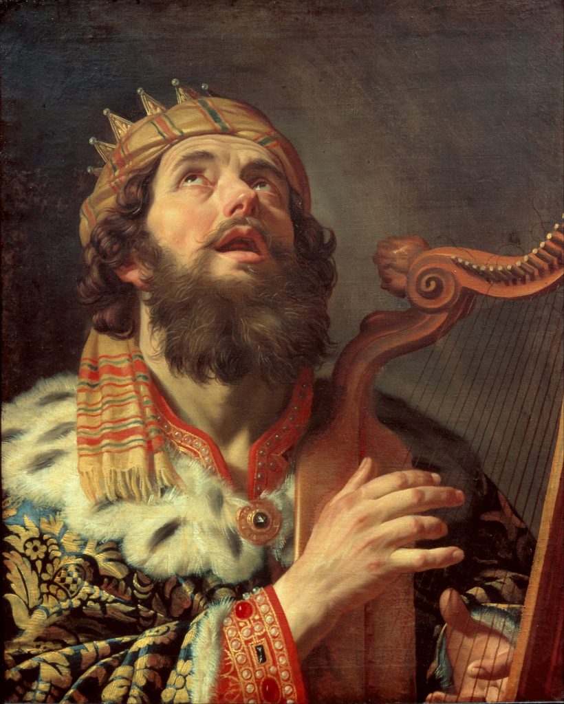上图：《大卫王弹琴 King David Playing the Harp》，荷兰画家霍恩霍斯特（Gerard van Honthorst，1592-1656）绘于1622年。